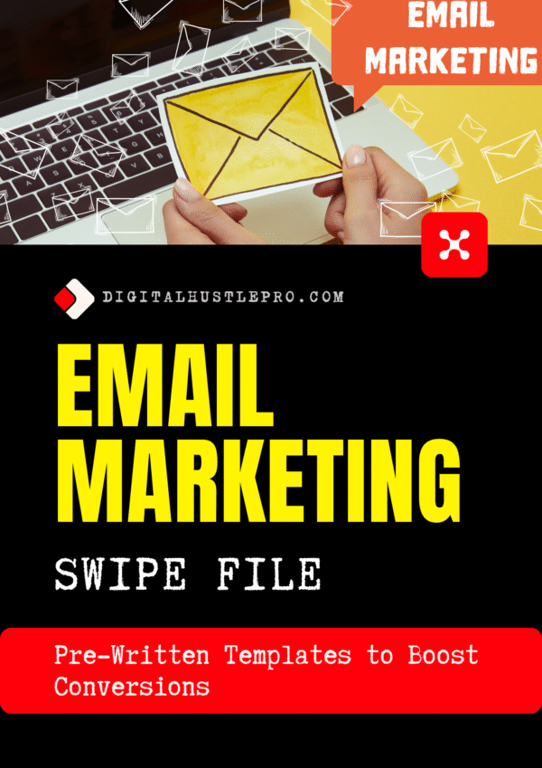 Cover for 'Email Marketing Swipe File' by DigitalHustlePro.com, offering pre-written email templates to boost e-commerce conversions.