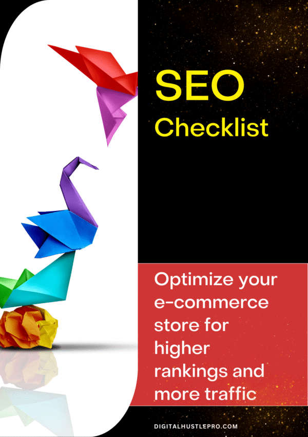 Cover for the 'E-commerce SEO Checklist' by DigitalHustlePro.com, helping online stores achieve higher rankings and more traffic.