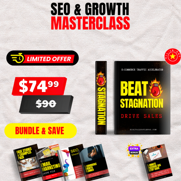 SEO & Growth Masterclass e-commerce bundle from Digital Hustle Pro including e-book, SEO checklist, growth planner, guides, and limited time offer price.