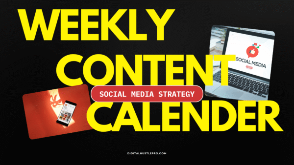 Digital Hustle Pro Social Media Weekly Content Calendar cover showing laptop and phone for planning social media strategy.