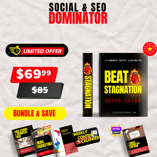 Social & SEO Dominator e-commerce bundle from Digital Hustle Pro including e-book, guides, checklists, and limited offer price.